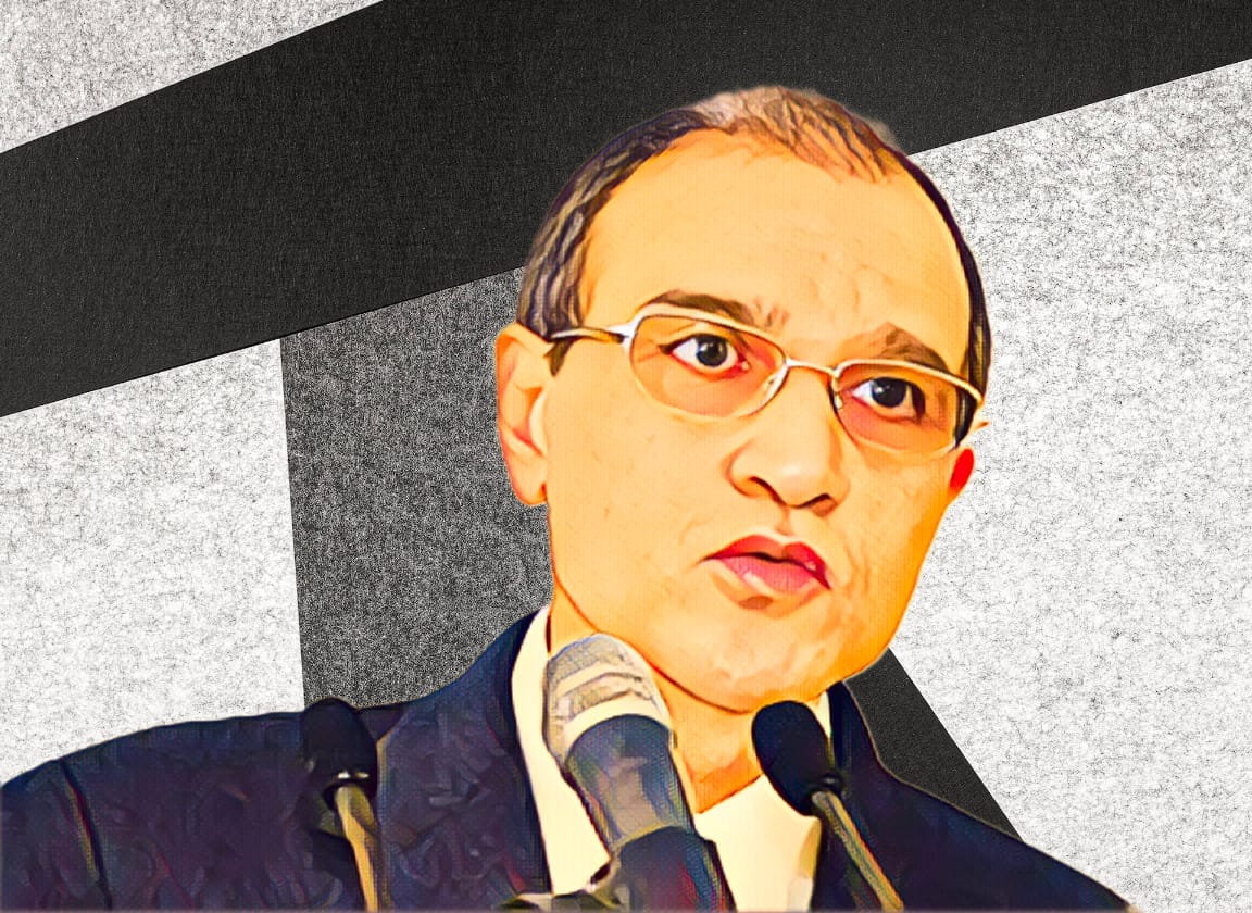 Stylised portrait of Ali Wakrim speaking into microphones at a lectern, wearing glasses and a dark suit.